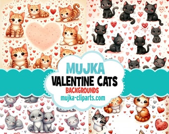 Cat backgrounds for Valentines Day, digital papers, cat sublimation designs, cat patterns, digital cat prints, cat craft papers, png files