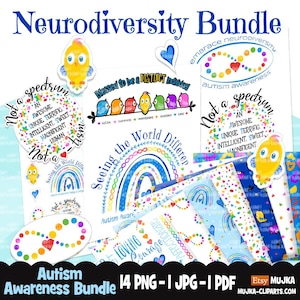 May include: A digital download bundle of 14 autism awareness graphics featuring rainbows, hearts, and birds. The graphics include the text "Not a spectrum, an awesome unique terrific intelligent, sweet, magnificent human" and "Seeing the world different".
