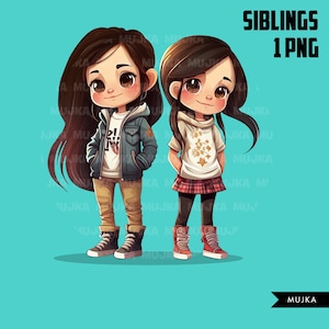 Arte de hermanos, hermanas png, amigos png, familia png, hermanas gemelas clipart, san valentín, gemelos png, gemelos clipart, niños geniales, chicas lindas clipart
