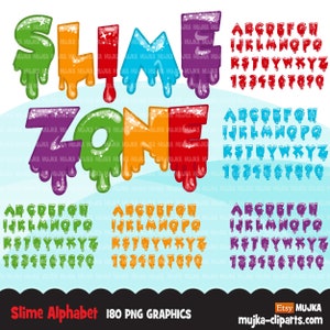 May include: Slime alphabet clipart set with 180 PNG graphics. The letters and numbers are dripping with colorful slime and have a glittery texture. The letters are in a rainbow of colors, including red, orange, yellow, green, blue, and purple.