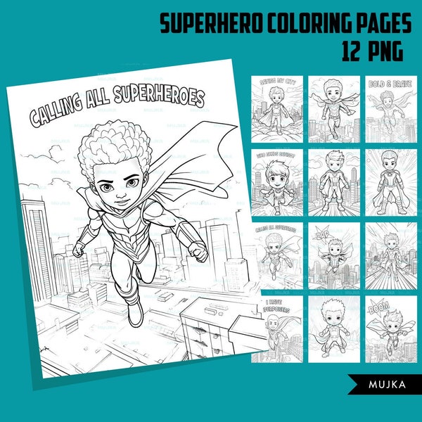 Superhero Coloring Pages, Printable coloring book for kids, Kids Coloring Book, Superhero birthday, instant download PNG black and white
