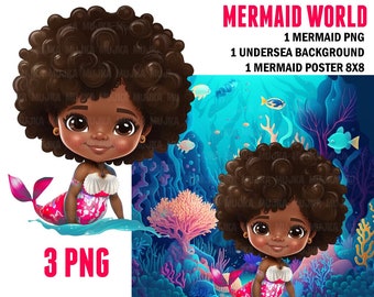 Black Mermaid png, wall art, printable mermaid decor, sublimation designs, cute mermaid, undersea watercolor clipart, mermaid background png