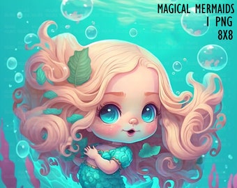 Mermaid wall art, printable mermaid decor, sublimation designs, cute mermaid clipart, undersea watercolor clipart, mermaid background png