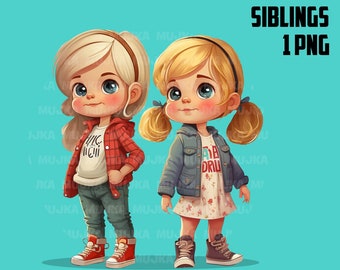 Siblings art, sisters png, friends png, family png, twin sisters clipart, valentine, twins png, twins clipart, cool kids, cute girls clipart