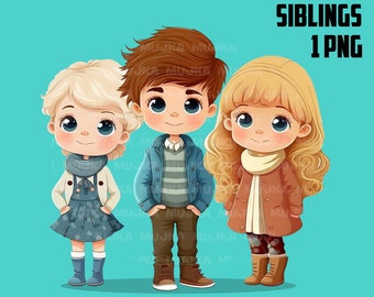 Siblings art, siblings png, friends png, family png, Boy and Girl clipart, valentine, triplets png, kids art, cool kids, brother and sister