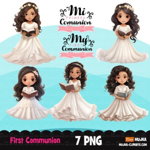 Erstkommunion Clipart für Mädchen, Mi Primera Comunion PNG, Bibel, Kommunionbanner, katholische religiöse Latein Mädchen, digitale Aufkleber Kunst