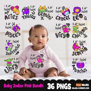 Ensemble signe du zodiaque bébé fille, horoscope png, signes du zodiaque png, chemises bébé zodiaque, bébé fille png, p'tit bébé png, sublimation dessins numériques png