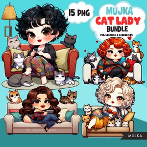 Chat maman PNG Bundle, Cat Lady Clipart, dessins de sublimation de chat mignon, Illustrations d'art Chibi, téléchargement numérique, autocollants de planificateur de maman chat