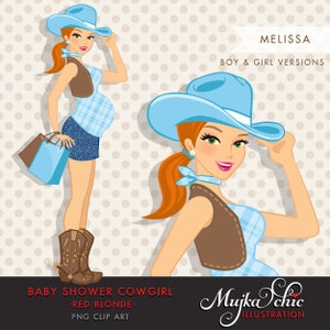 Personnage de femme enceinte cow-girl blonde rouge avec des sacs-cadeaux Clipart. Personnage d'invitation à une fête prénatale. Cowgirl, bottes de cowboy, western