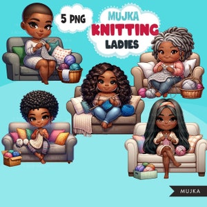 Clipart PNG à tricoter, art de jolies filles à tricoter latina noire, motifs en sublimation à tricoter, création de logo, autocollants de téléchargement numérique de passe-temps