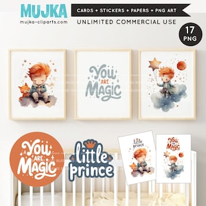 Kleiner Prinz, druckbares Poster für Kinderzimmer, süßes Baby, Kinderzimmer, digitale Papiere, du bist magisch Aufkleber, PNG Clipart Bundle