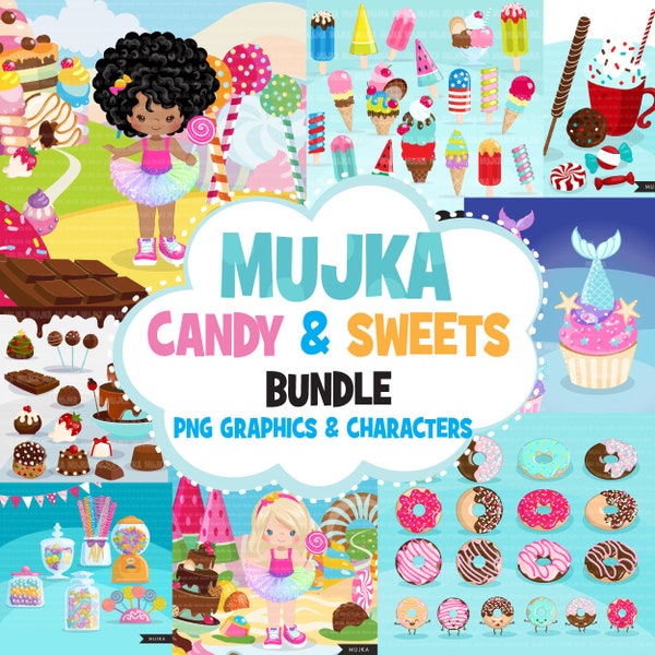 Candy land Clipart Bundle, Sweets, ice cream, donuts, chocolate, cupcakes, backgrounds, tutu girl graphics Sublimation Designs PNG clip art