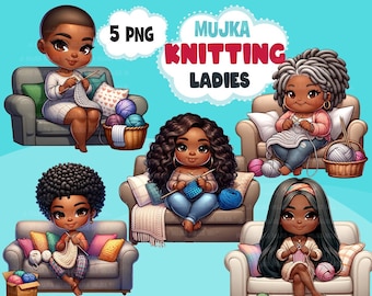 Knitting PNG clipart, Cute Black Latina knitting girls art, Knitting sublimation designs, logo design, hobby digital download stickers