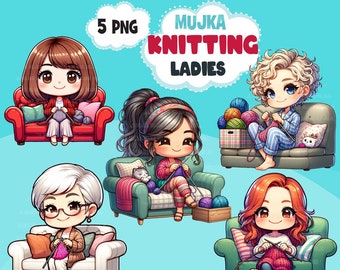 Imágenes prediseñadas de tejido PNG, arte lindo de chicas tejiendo, diseños de sublimación de tejido, diseño de logotipos, gráficos de pasatiempos, pegatinas de descarga digital de tejido