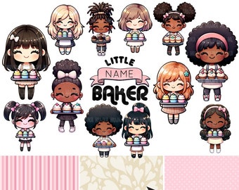 Paquete de imágenes prediseñadas PNG para hornear cupcakes, diseños de sublimación para niñas, descarga digital de Chibi Art, pegatinas de planificador, gráficos para fiestas de horneado