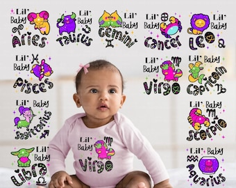 Paquete de zodiaco para niña, horóscopo png, signos del zodiaco png, camisetas del zodiaco para bebé, niña png, bebé pequeño png, diseños de sublimación png digitales