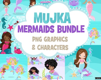 Mermaid Clipart Bundle, Under sea animals, mermaid png, black mermaid, rainbow mermaid Png, mermaid sublimation designs, mermaid bundle png