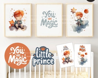 Little Prince Wall Art, Nursery printable poster, Cute Baby Boy room decor, Digital Papers, You are Magic Stickers, PNG Clipart Bundle