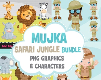 Safari Clipart Bundle, jungle animals, camping boys and girls, lion, tiger, monkey clip art Sublimation Designs graphics