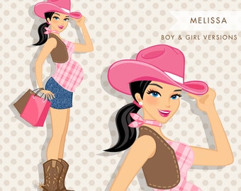 Brunette Cowgirl Pregnant Woman Character carrying gift bags Clipart. Baby Shower Party Invitation Character. Cowgirl, cowboy boots, western