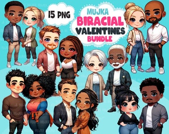 Paquete PNG de San Valentín de parejas birraciales, diseños de sublimación de imágenes prediseñadas birraciales, ilustraciones de arte Chibi, descarga digital, pegatinas del planificador