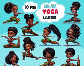 Yoga PNG Clipart, ilustraciones de yoga negro, posturas de yoga, gráficos de entrenamiento afro, imprimibles de yoga, pegatinas de yoga, diseños digitales de yoga,