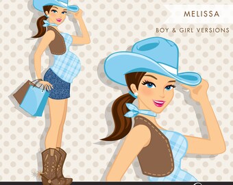 Brunette Cowgirl Pregnant Woman Character carrying gift bags Clipart. Baby Shower Party Invitation Character. Cowgirl, cowboy boots, western