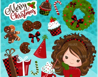 Sweet Christmas Clipart. Gingerbread man, cookies, noel graphics, gifts, hot chocolate, cupcakes, characters, black, wreath, art