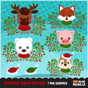 Clipart animaux de Noël. Portraits d'animaux, bébé renard, bébé écureuil, bébé élan, graphiques de bébé ours polaire, porcelet, cochon, jolie couronne, cadre