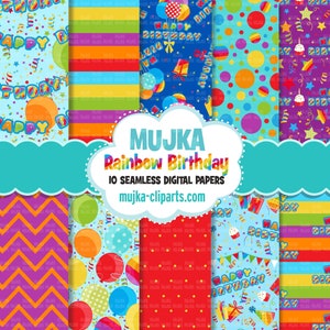 Papéis digitais de aniversário do arco-íris, padrão sem costura, pacote de papel digital, padrão imprimível, fundo digital, papéis de festa de aniversário