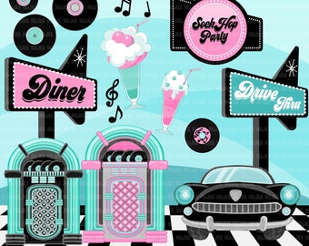 Sock Hop Party Clipart. 50's retro diner, jukebox, Cadillac, diner sign, records and smoothie graphics, vintage birthday illustration