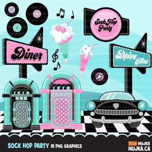 Clipart festa Sock Hop. Tavola calda retrò anni '50, jukebox, Cadillac, cartello della tavola calda, grafica di dischi e frullati, illustrazione di compleanno vintage