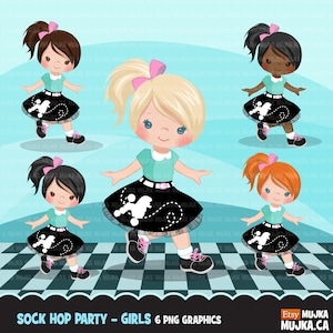 Sokhop feest clipart. Retro jaren 50-personages dansen, schommel, vintage verjaardagsillustratie, schattige meisjes, poedelrok, zwart