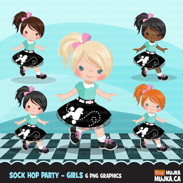 Sock Hop Party Clipart. 50's retro characters dancing, swing, vintage birthday illustration, cute girls, poodle skirt, black