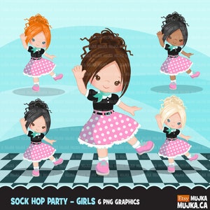 Sock-Hop-Party Clipart. 50er Jahre Retro Charaktere tanzen, Swing, Vintage Geburtstag Illustration, süße Mädchen, Tupfenrock, schwarz