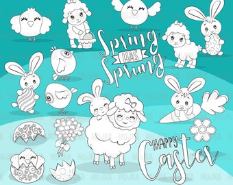 Easter animals Digital Stamps. Cute graphics, lamb, bunny, chick and eggs, flowers, coloring outline art, B&W, embroidery digitizing