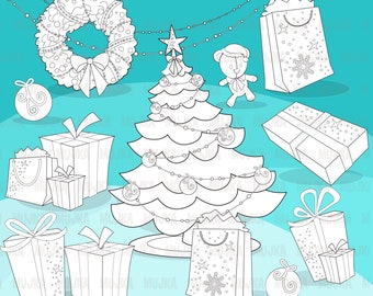 Christmas Digital Stamps. Christmas morning, Christmas tree, wreath graphics, teddy bear, santa, decorations, scrapbook, coloring