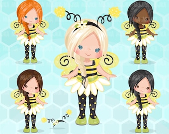 Bumblebee Girls clipart. Cute summer birthday characters, graphics, planner stickers, sublimation, clip art costume