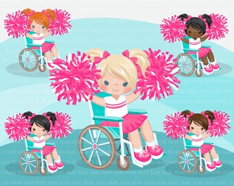 Special Needs Wheelchair Cheerleader girl clipart. Sports disability, kids, characters, black, card making,