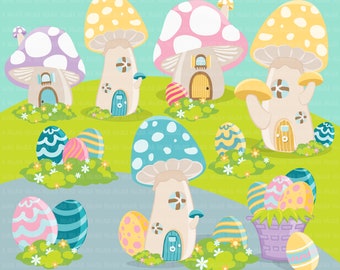 Easter gnomes clipart, mushroom clipart, fairy clipart, fairy homes png, gnome png, whimsical garden clipart, spring clipart