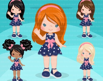 Little girl cute outfits clipart. Girls with polka dot dress birthday, school, toddler fashion graphics. Commercial use design, art, dress