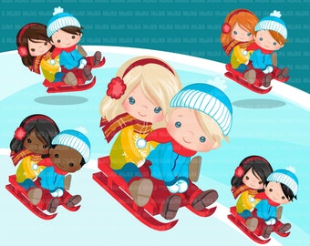 Winter sled snow kids clipart, kids sledding, tobogganing, winter outfits, outdoor activity, snow day, commercial use, graphics, cute kids