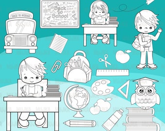 Back to School Digital Stamps. Cute students, bus, board, school supplies, apple, owl, stack of books, backpack, coloring outline B&W