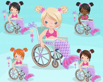 Special Needs Wheelchair clipart, Mermaid princess clipart, disability, characters, black,  , disable, handicap