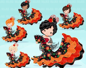 Flamenco clipart. Spanish Flamenco dancers, tradition, planner sticker, floral dress clip art, dancers, red black polka dots, roses digital