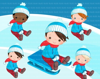 Winter sled snow kids clipart, kids sledding, tobogganing, winter outfits, outdoor activity, snow day, commercial use, graphics, cute kids