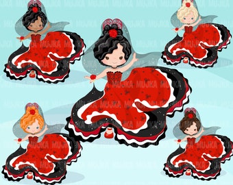 Flamenco clipart. Spanish Flamenco dancers, tradition, planner sticker, floral dress clip art, dancers, red black polka dots, roses digital