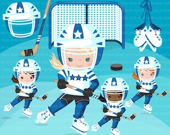 Hockey clipart. Sport graphics, girls hockey player characters,  , Sublimation Designs, scrapbooking, NHL club, school, red team