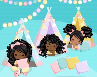 Clipart de fiesta de pijamas, tiendas de pijamas, noche de cine, fiesta de pijamas, fabricación de tarjetas, pompones, bordado, negro, almohadas de pijamas