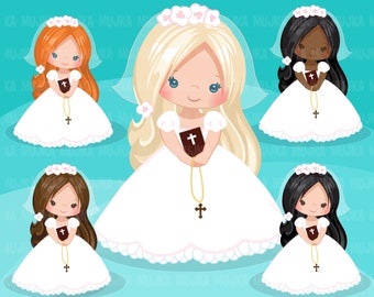 First Communion Clipart for Girls. Communion characters, graphics, bible, rosary, veil. First Communion Graphics, religious illustrations